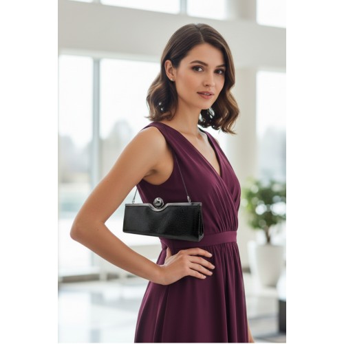 Evening Bags Wholesale - Black Patent Leather w/ Metal Frame Evening Bag - BG-43140DBK